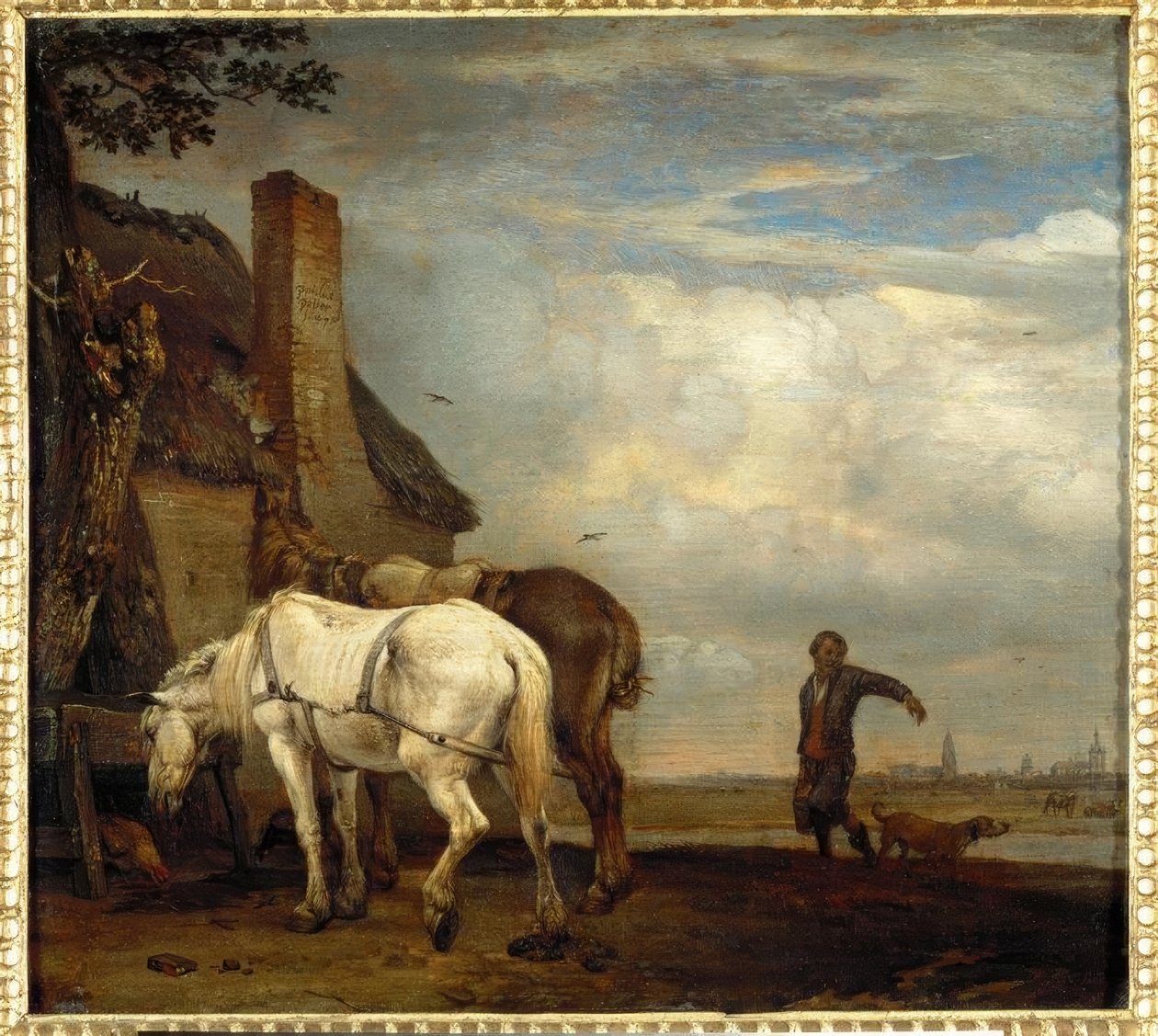 Zwei Pferde vor einer Bauernhütte von Paulus Potter