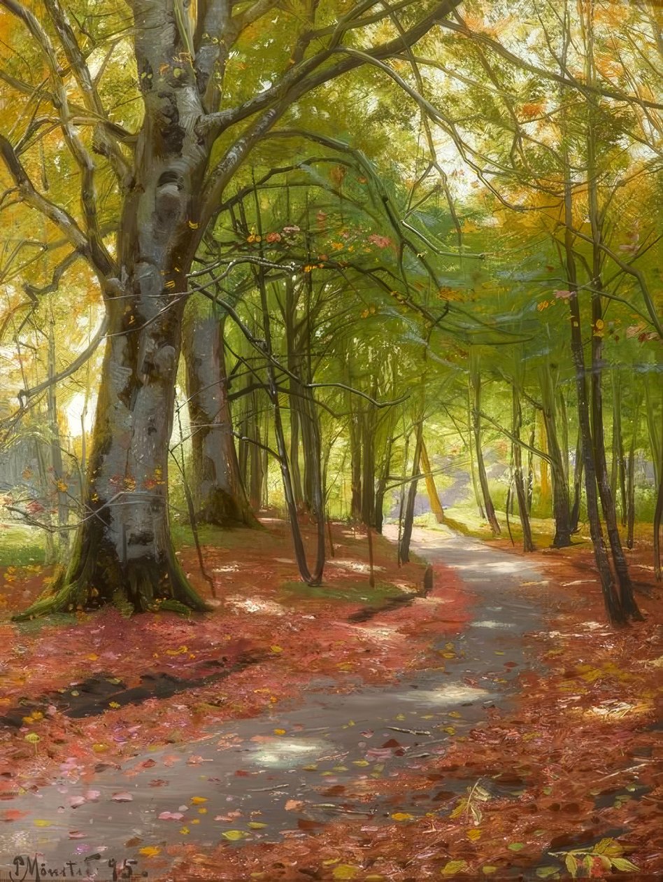 P. Mönsted, Sonniger Herbsttag im Wald von Peder Monsted