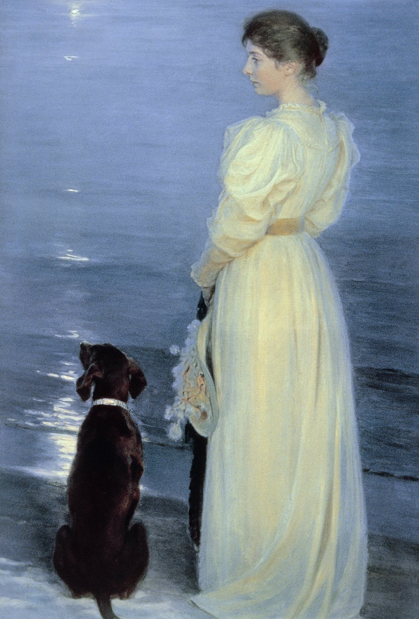 Sommerabend in Skagen, die Frau des Künstlers mit einem Hund am Strand, 1892 von Peder Severin Krøyer