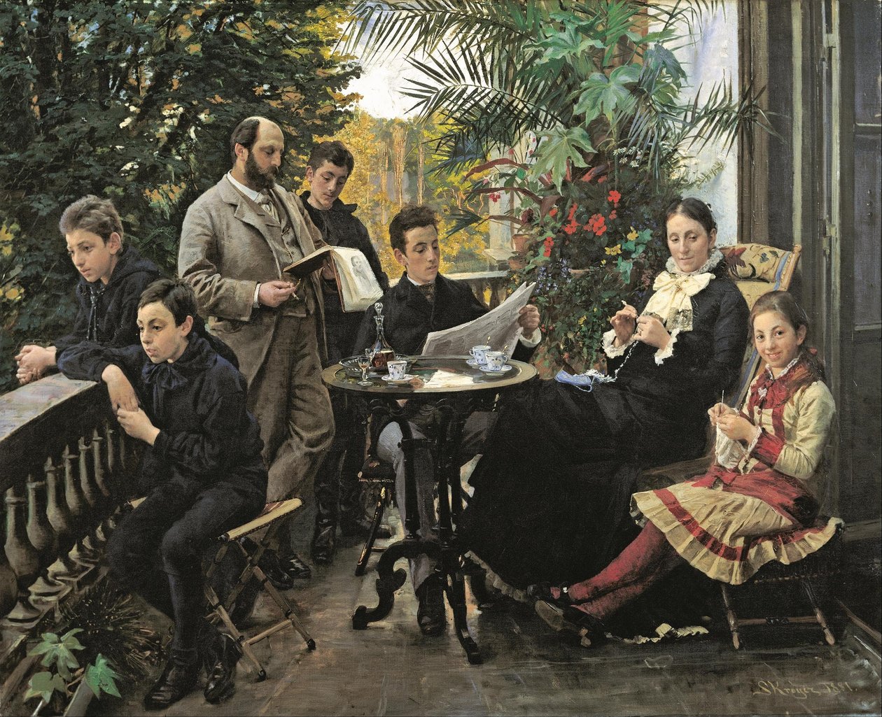 Das Hirschsprung Familienporträt. Von links Ivar, Aage, Heinrich, Oscar, Robert, Pauline und Ell... von Peder Severin Krøyer