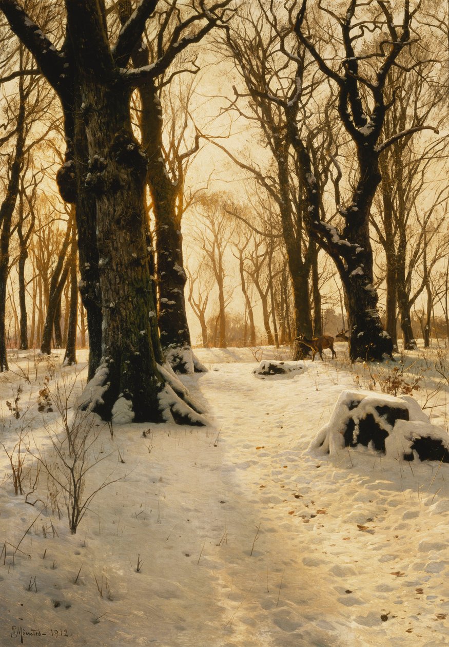 Eine bewaldete Winterlandschaft mit Hirschen von Peder Monsted