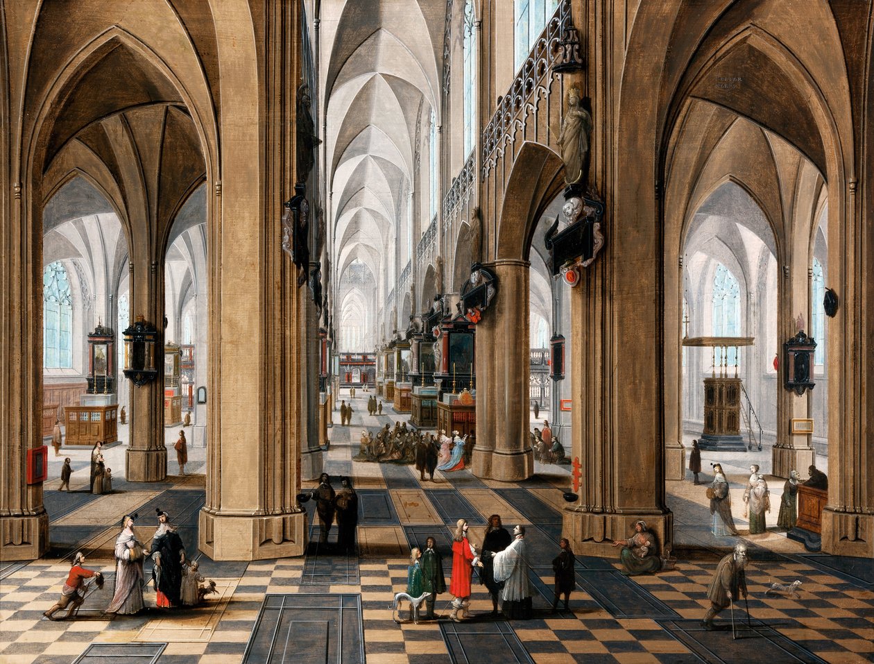 Kircheninneres mit eleganten Figuren und Messebesuchern von Peeter the elder Neefs