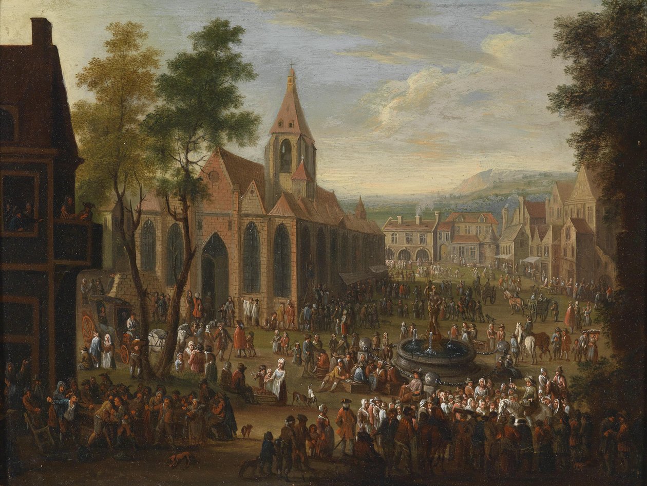 Ein Fest auf einem städtischen Platz mit zahlreichen Figuren von Peeter van Bredael