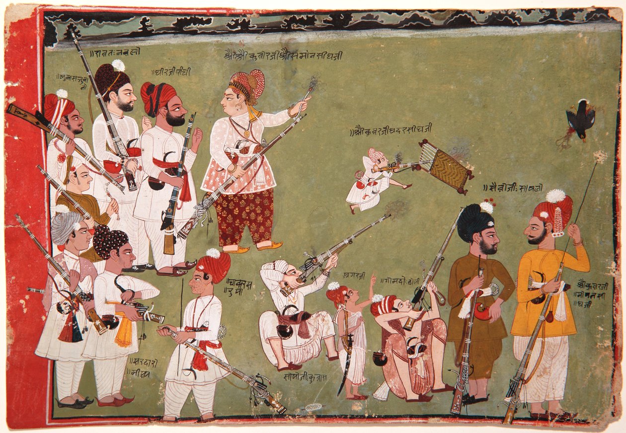 Adar Singh und Saman Singh schießen Vögel, ca. 1790 von Pemji