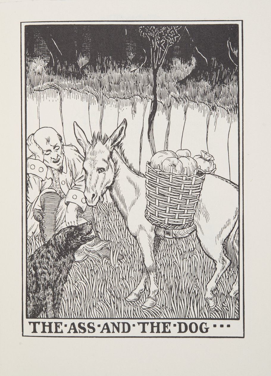 Der Esel und der Hund, aus Fontaine Fabeln, veröffentlicht 1905 von Percy J. Billingshurst