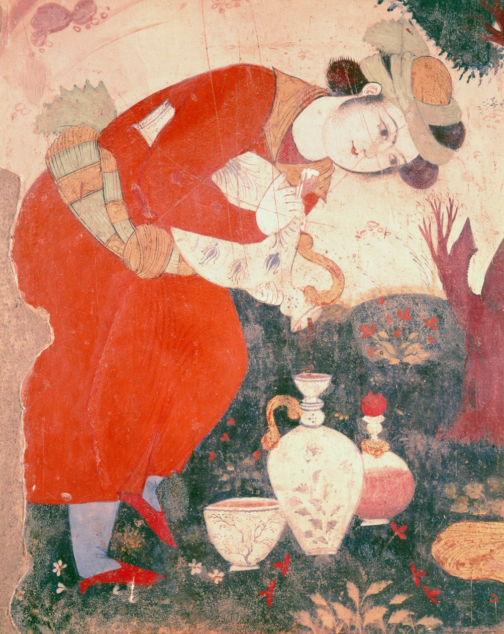 Frau, die Wein im Hof von Shah Abbas I. einschenkt, 1585-1627 (Detail) von Persian School