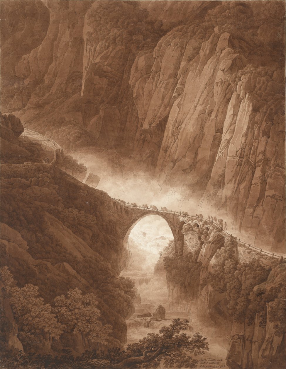 Teufelsbrücke in der Schöllenenschlucht auf dem Weg über den Gotthardpass mit einem Maultierzug, vor 1805 von Peter Birmann