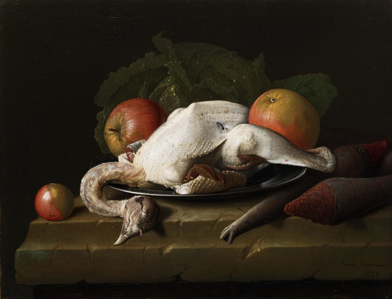 Stillleben mit gerupftem Huhn, Äpfeln und Rüben von Peter Jacob Horemans