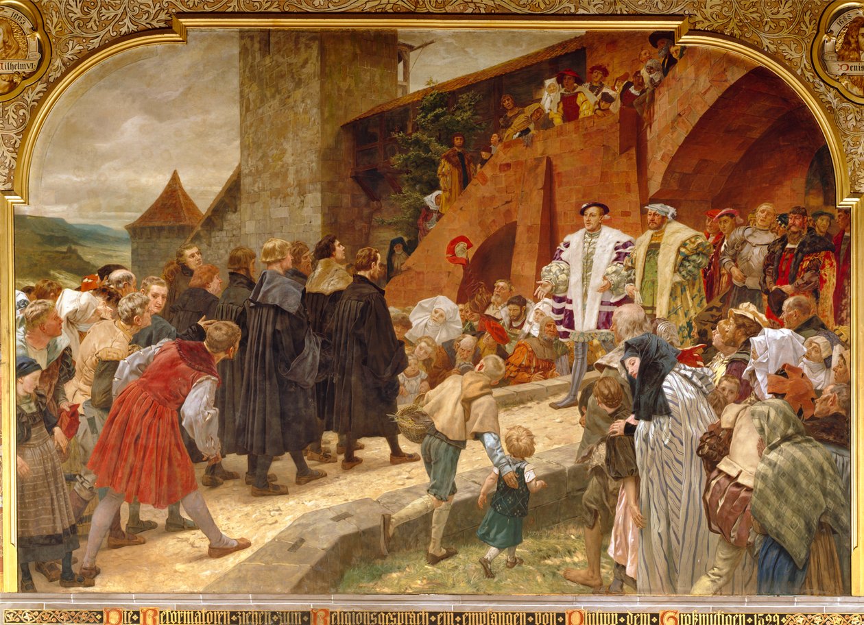 Philipp der Großmütige empfängt die Reformatoren zu einer religiösen Debatte im Jahr 1529 von Peter Johann Theodor Janssen