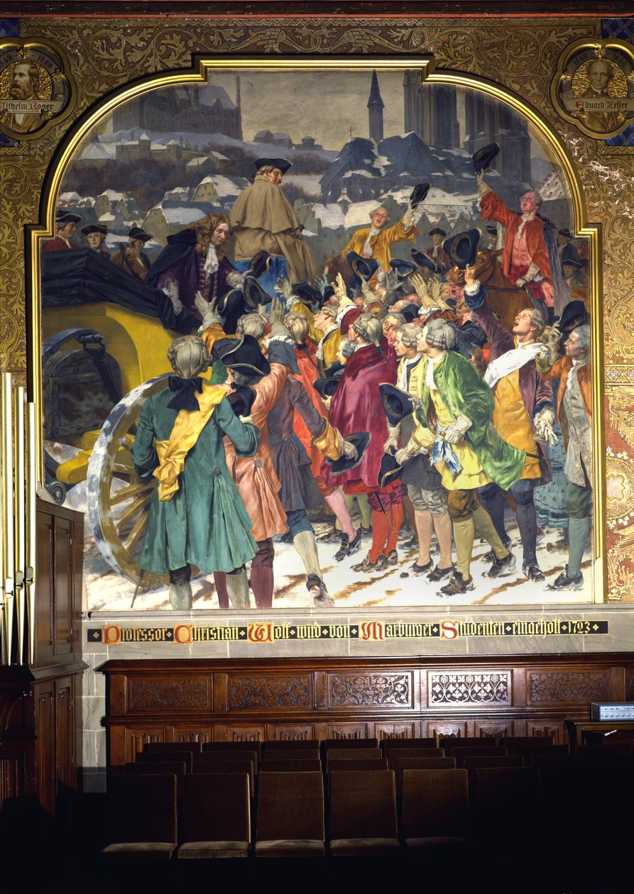 Studenten umringen Professor Christian Wolff bei seiner Ankunft in Marburg im Jahr 1723, 1903 von Peter Johann Theodor Janssen