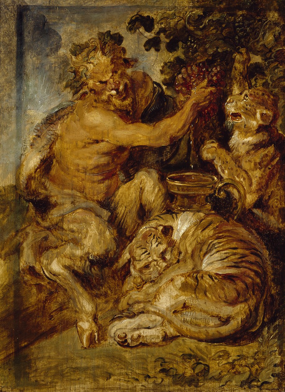 Ein Satyr, der Trauben mit einem Tiger und einem Leoparden presst, ca. 1618 von Peter Paul Rubens