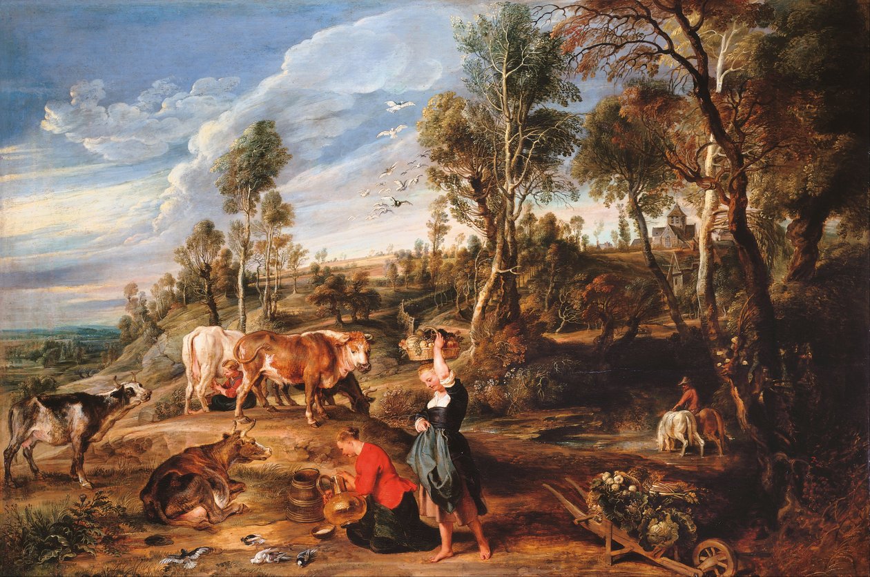 Melkerinnen mit Vieh in einer Landschaft, Der Bauernhof in Laken von Peter Paul Rubens