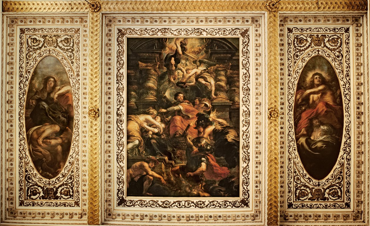 Die Decke von Whitehall: Die friedliche Herrschaft von König James I. (1566-1625), 1632-34 von Peter Paul Rubens