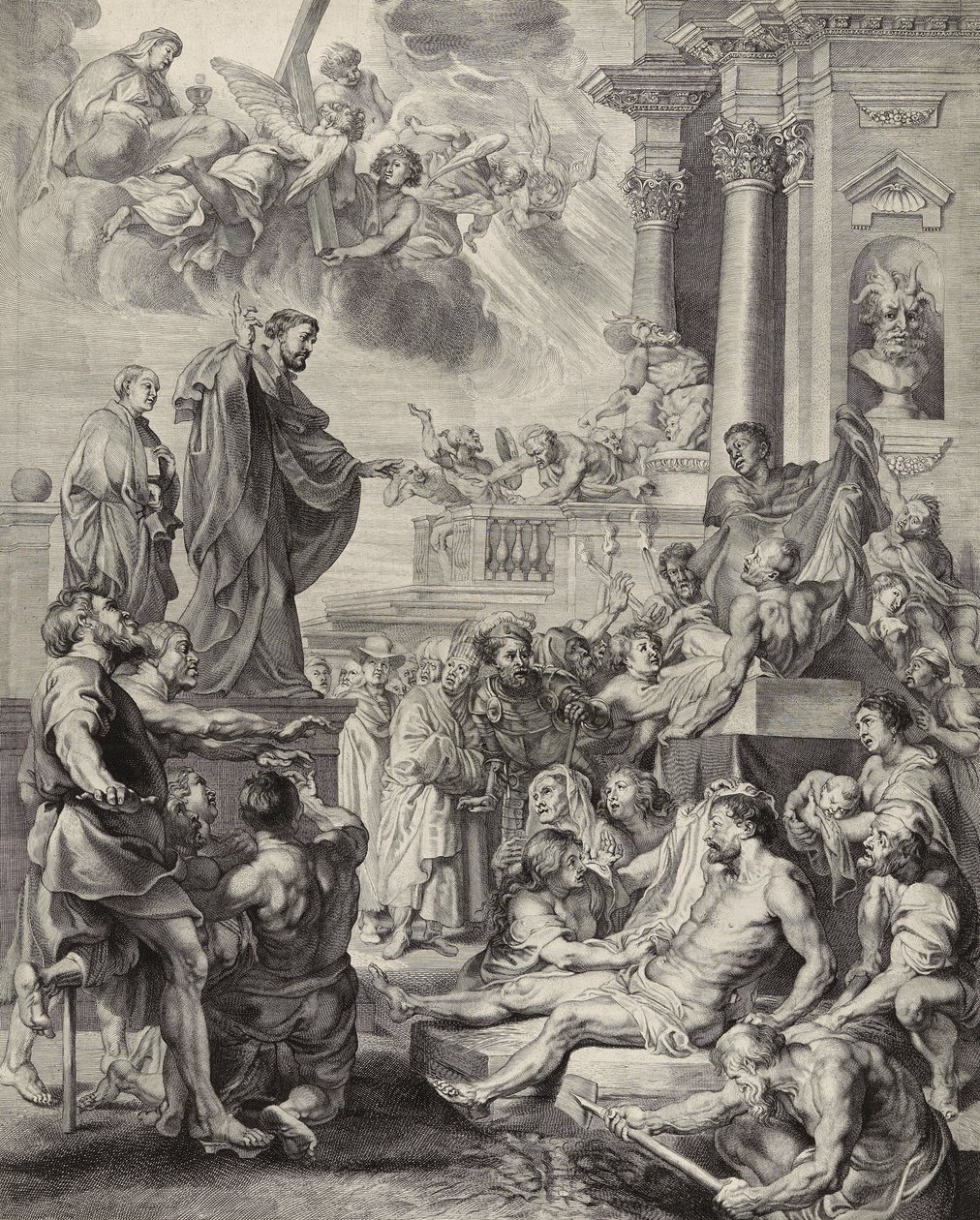 Wunder des Heiligen Franz Xaver; Heiliger Franz Xaver erweckt eine tote Person zum Leben (Kupferstich auf Büttenpapier) von Peter Paul after Rubens