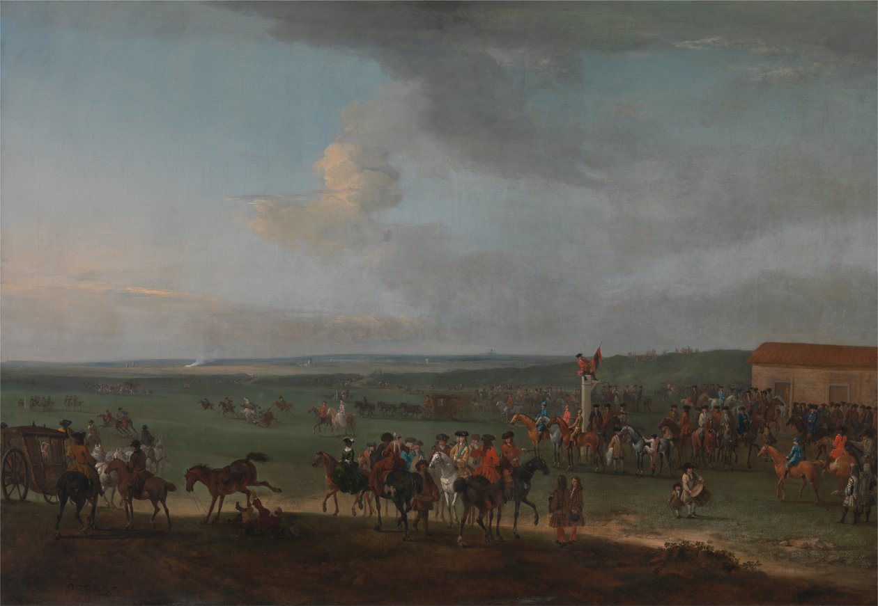 Die Rundbahn in Newmarket, Cambridgeshire, Vorbereitung auf den Königspreis von Peter Tillemans