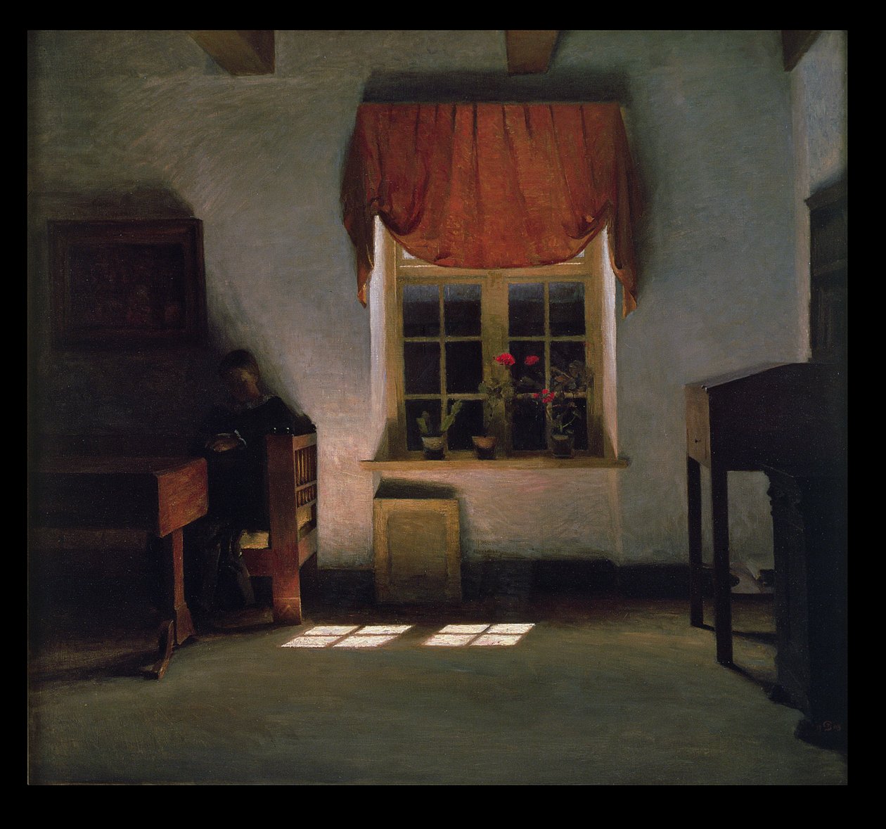 Frau liest in einem sonnenbeschienenen Innenraum von Peter Vilhelm Ilsted