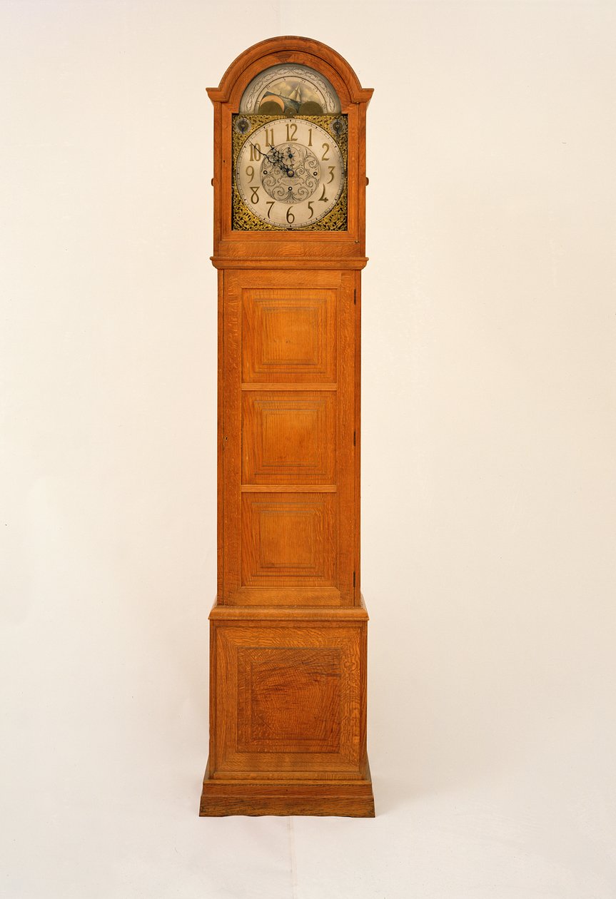 Standuhr entworfen von Peter Waals (1870-1937), mit Paneelen von Norman Jewson (1884-1975), Uhrwerk von W.E. Evans, Birmingham, 1931 von Peter van der Waals
