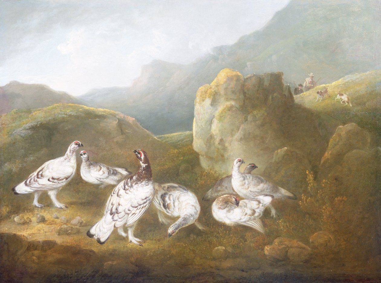 Schneehuhn in einer bergigen Landschaft mit Jägern und Hunden im Hintergrund von Philip Reinagle