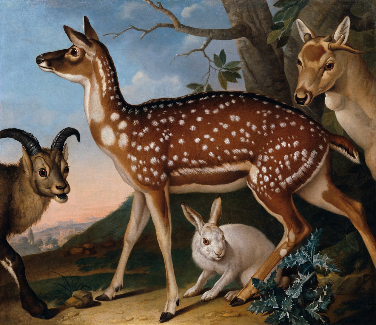 Damwild, Steinbock und Hase von Philipp Ferdinand de Hamilton