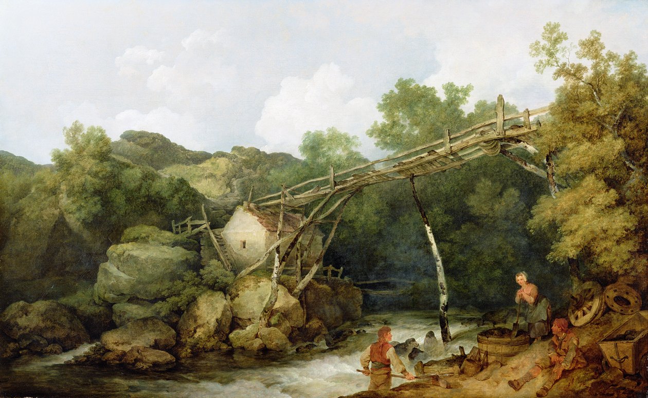 Eine Ansicht bei Matlock, Derbyshire mit arbeitenden Figuren unter einem Holzförderer, 1785 von Philippe Jacques de Loutherbourg