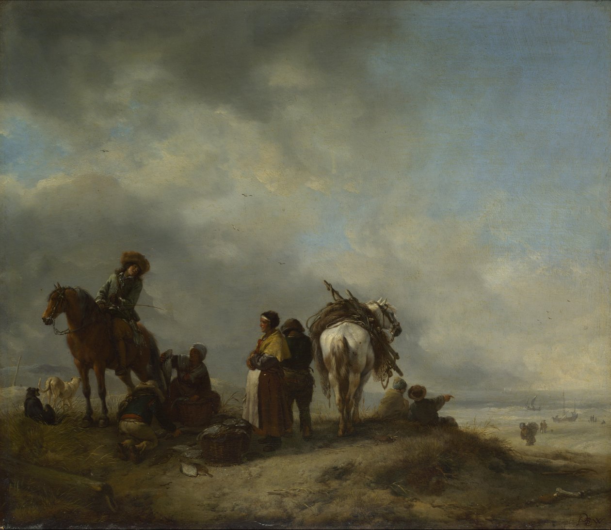 Ein Blick auf eine Küste mit Fischweibern, die einem Reiter Fisch anbieten von Philips Wouwerman