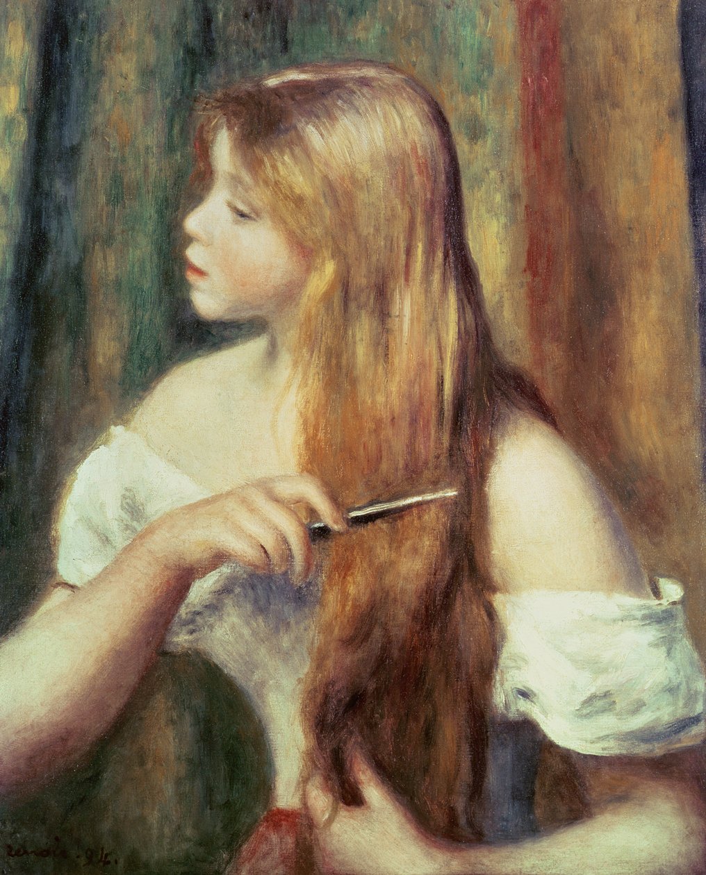 Blondes Mädchen kämmt ihr Haar von Pierre Auguste Renoir