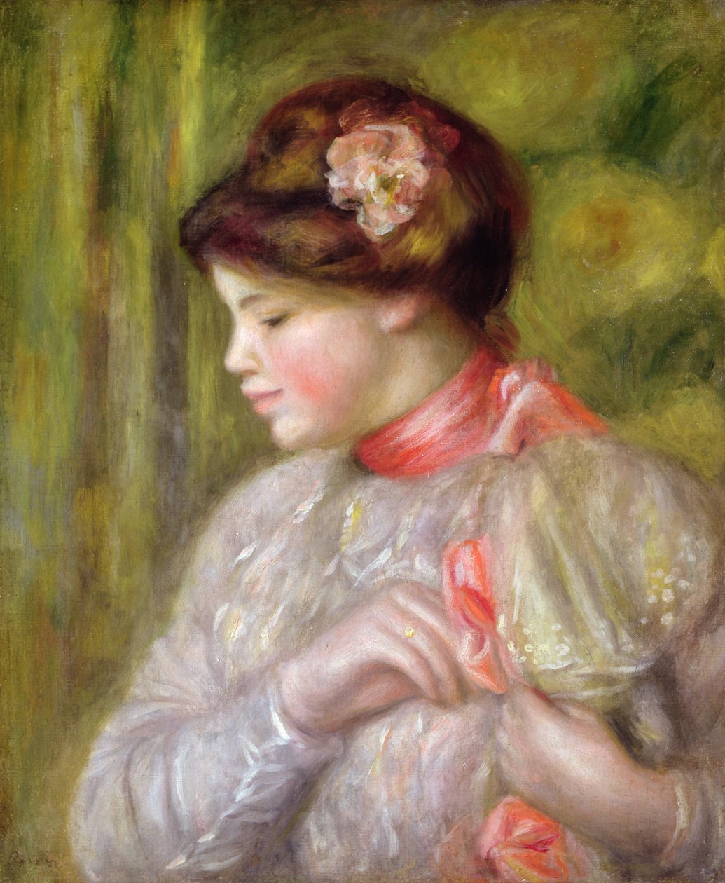 Junge Frau, die ihre Bluse richtet von Pierre Auguste Renoir