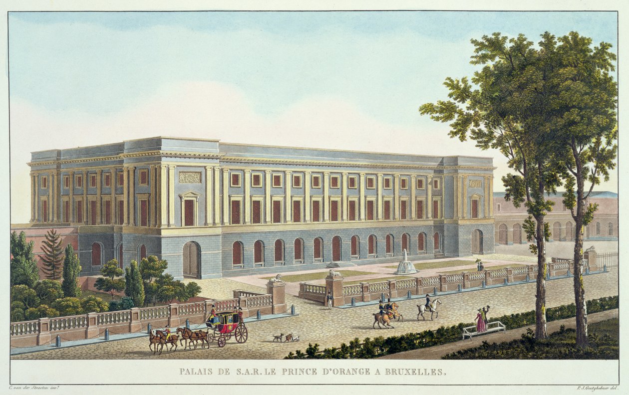 Palast des Prinzen von Oranien, Brüssel, aus Choix des Monuments, Edifices et Maisons les plus remarquables du Royaume des Pays-Bas von Pierre Jacques Goetghebuer (1788-1866), graviert von Charles van von Pierre Jacques after Goetghebuer