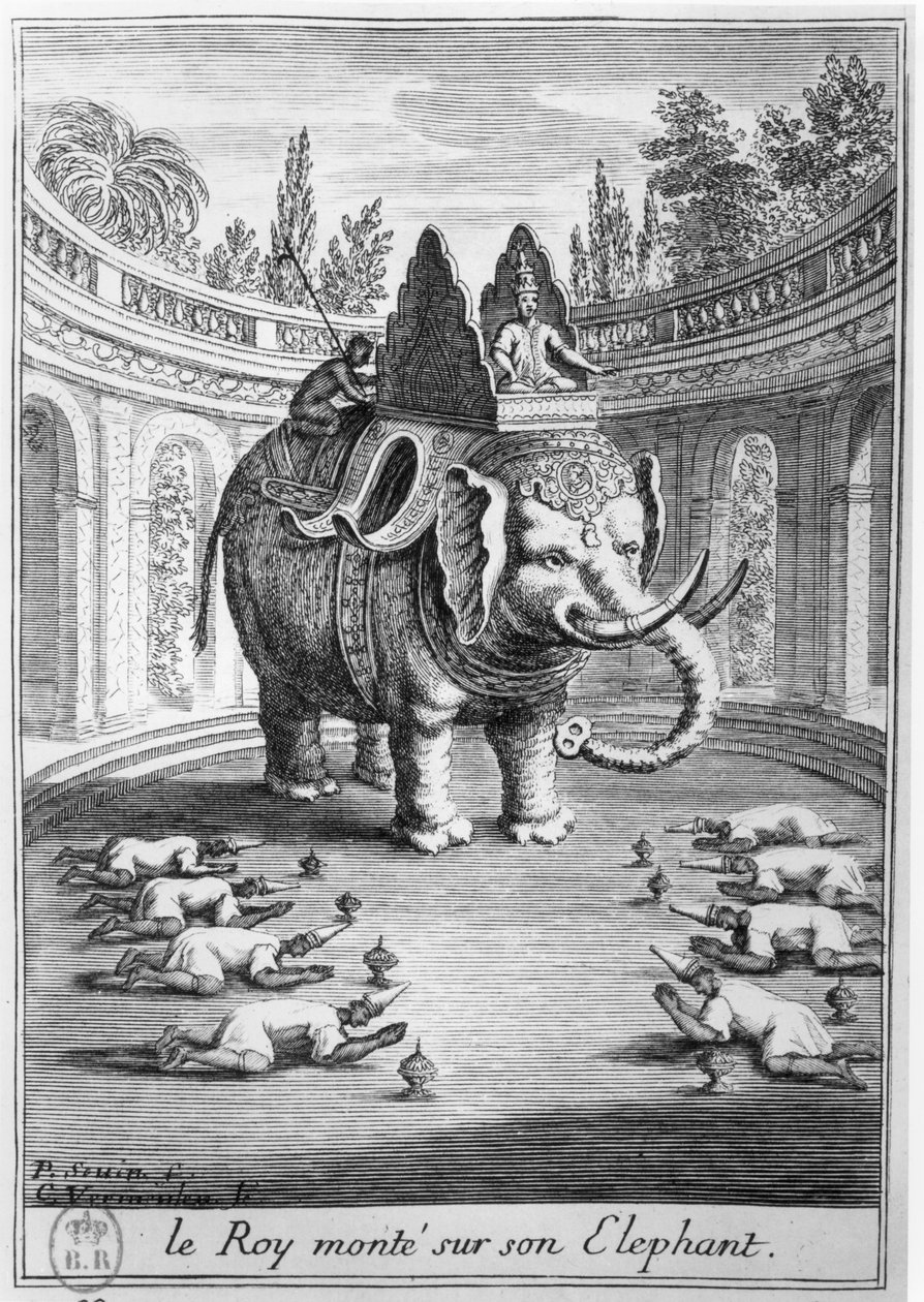 Der König von Siam auf seinem Elefanten, graviert von Cornelis Vermeulen, 1686 von Pierre Paul Sevin