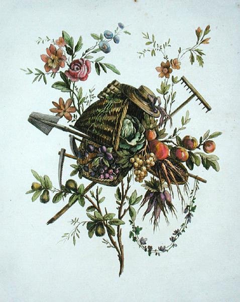 Ein Gartentextildesign, aus "Oeuvre contenant un Receuil de Trophees, Attributs, Cartouches, Vases, Fleurs, Ornemens, et Plusieurs Dessins agréables pour broder les Fauteuils", graviert von Etienne Claude Voysard von Pierre Ranson