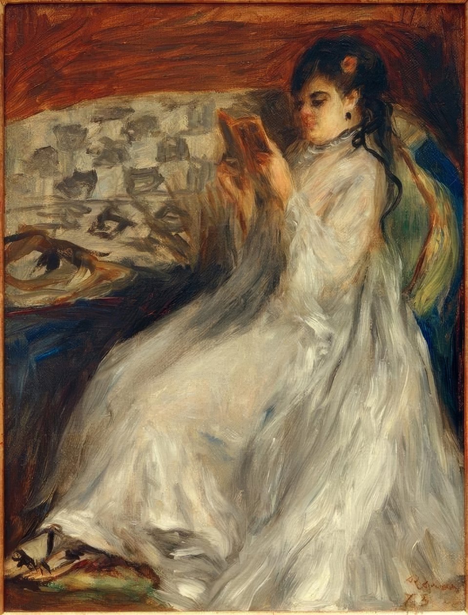 Junge lesende Frau in Weiß von Pierre Auguste Renoir