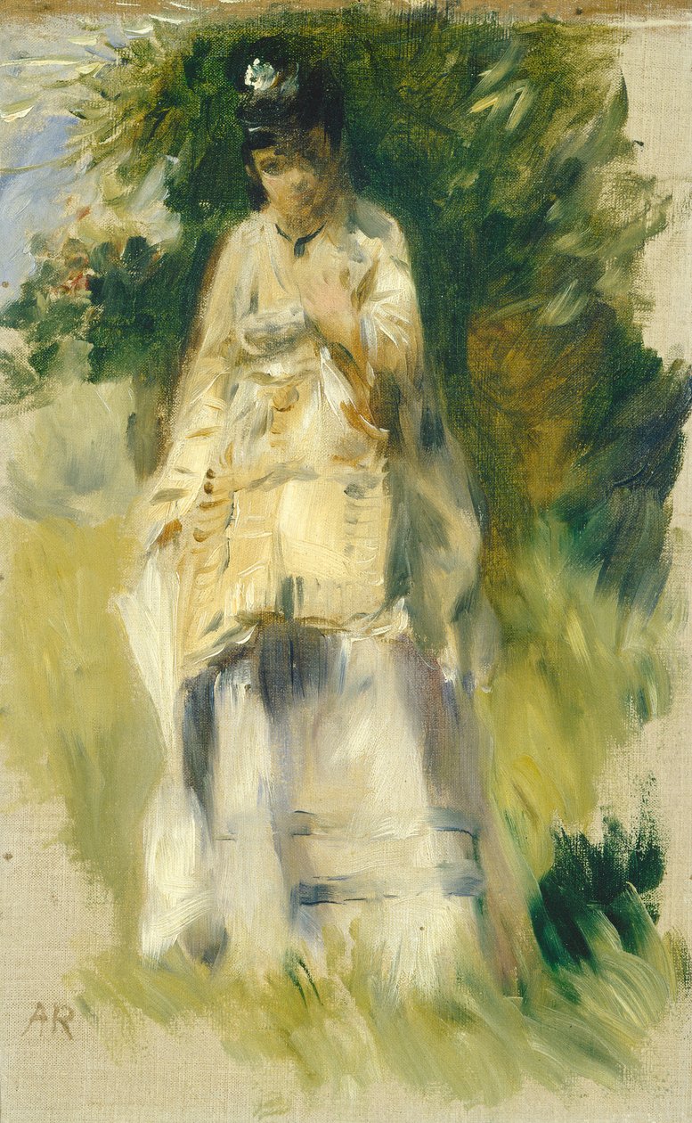 Frau steht neben einem Baum von Pierre Auguste Renoir