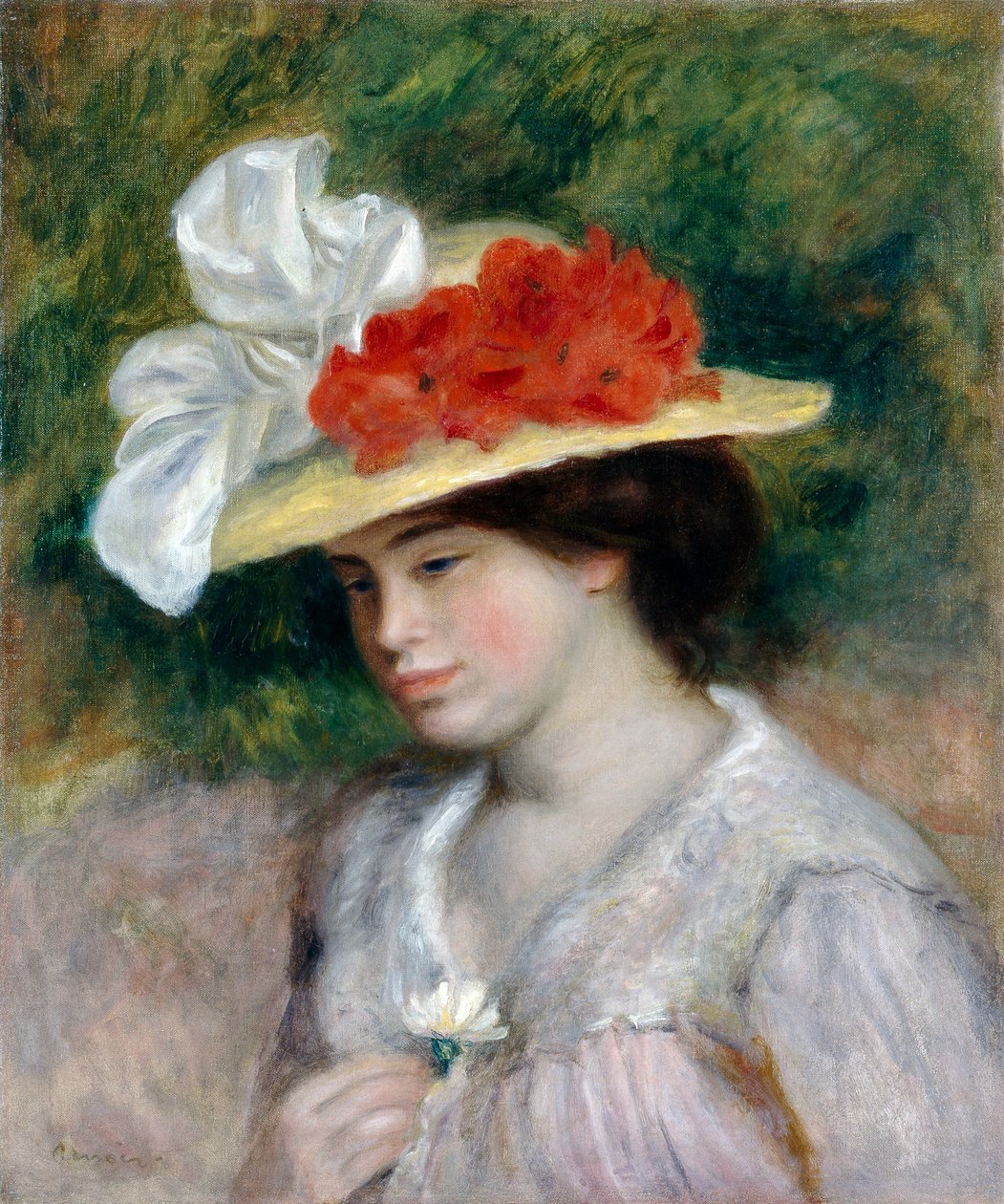 Frau mit einem Blumenhut, 1889 von Pierre Auguste Renoir