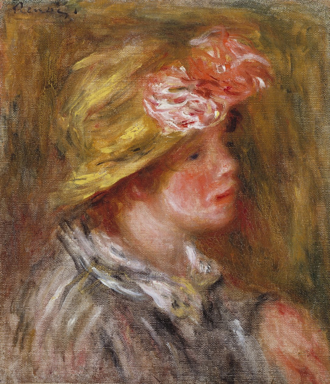 Junge Frau mit blumigem Hut von Pierre Auguste Renoir