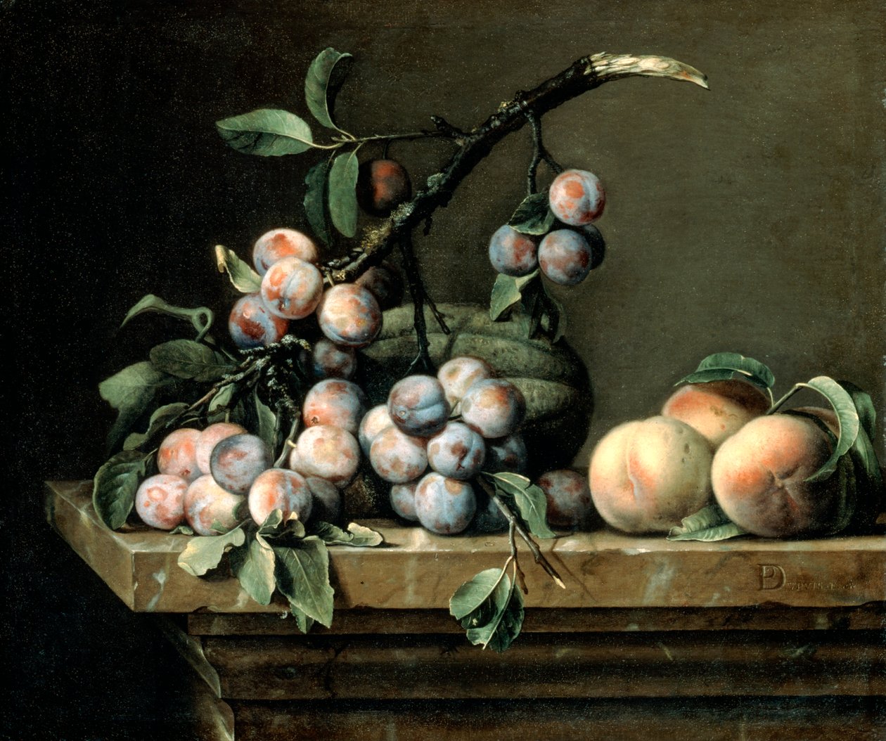 Pflaumen, Melone und Pfirsiche, ca. 1630-1680 von Pierre Dupuis