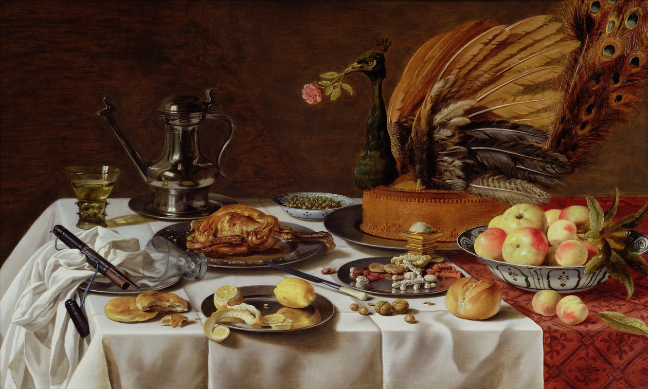 Stillleben mit einem Pfauenkuchen, 1627 von Pieter Claesz