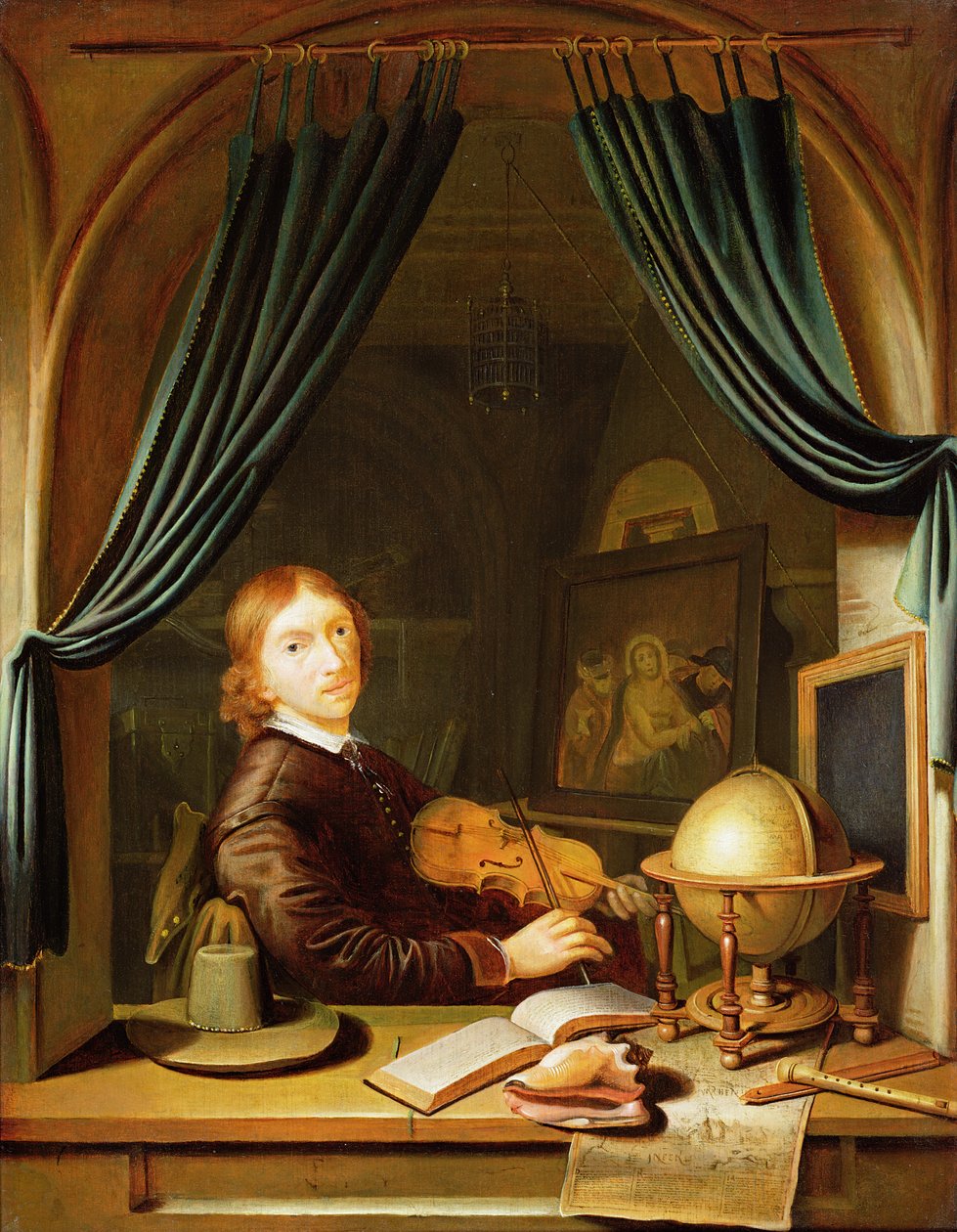 Ein Musiker spielt eine Geige an einem drapierten Fenster von Pieter Cornelisz van Egmont