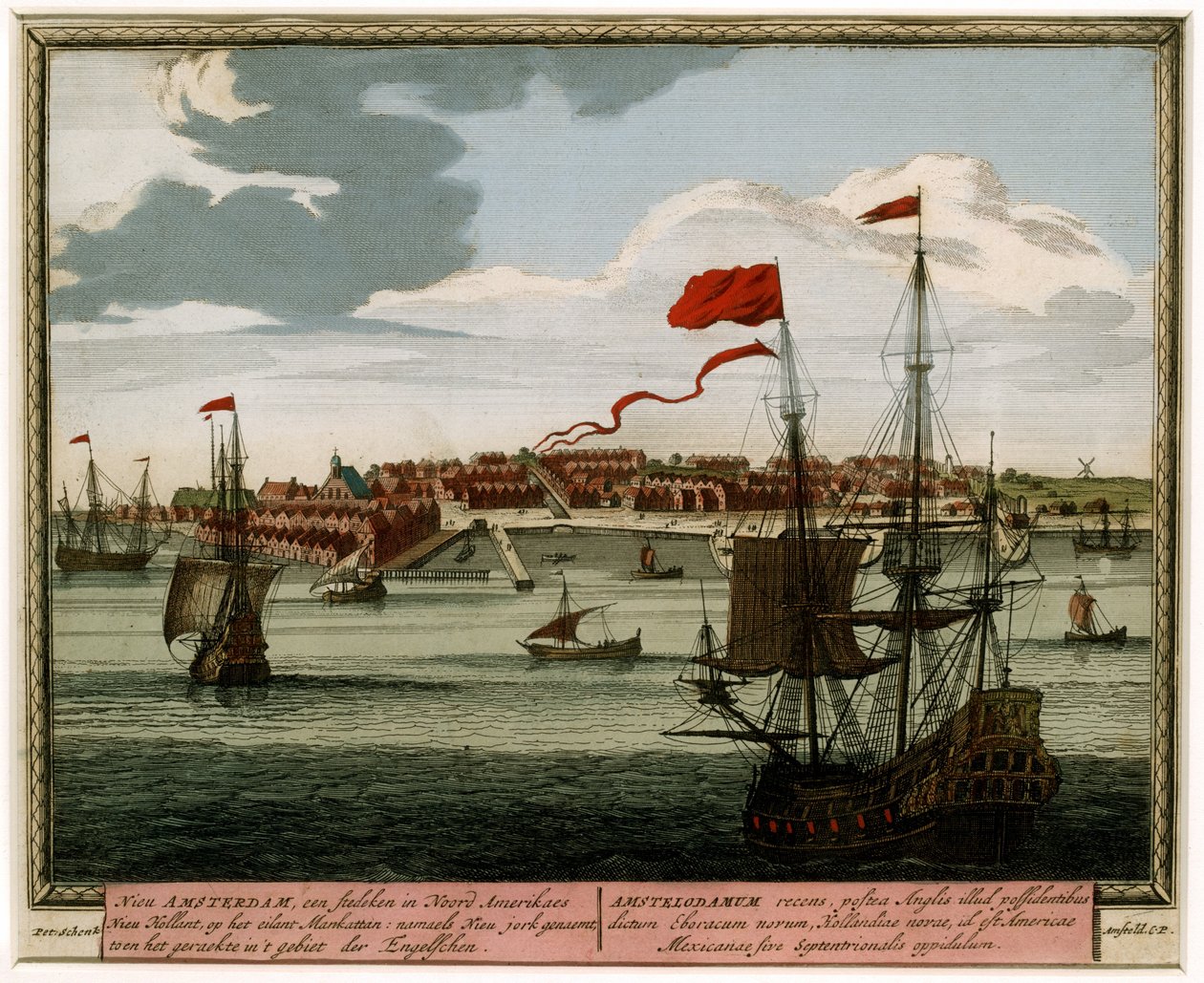 Neu-Amsterdam vom Wasser aus, 1702 von Pieter Schenk