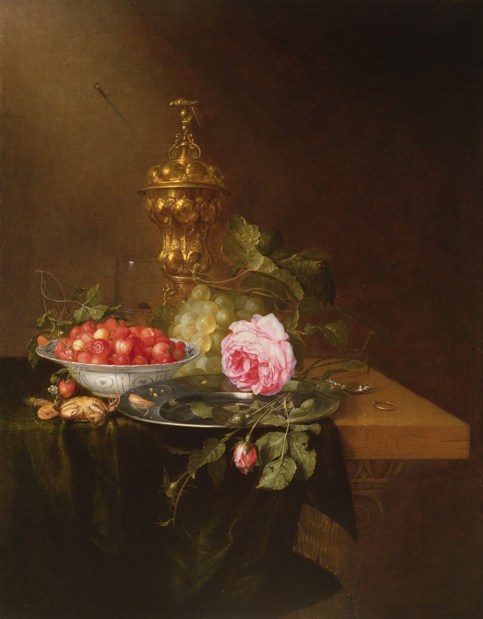 Stillleben mit einer Schale Erdbeeren und einer Rose, 1652 von Pieter de Ring
