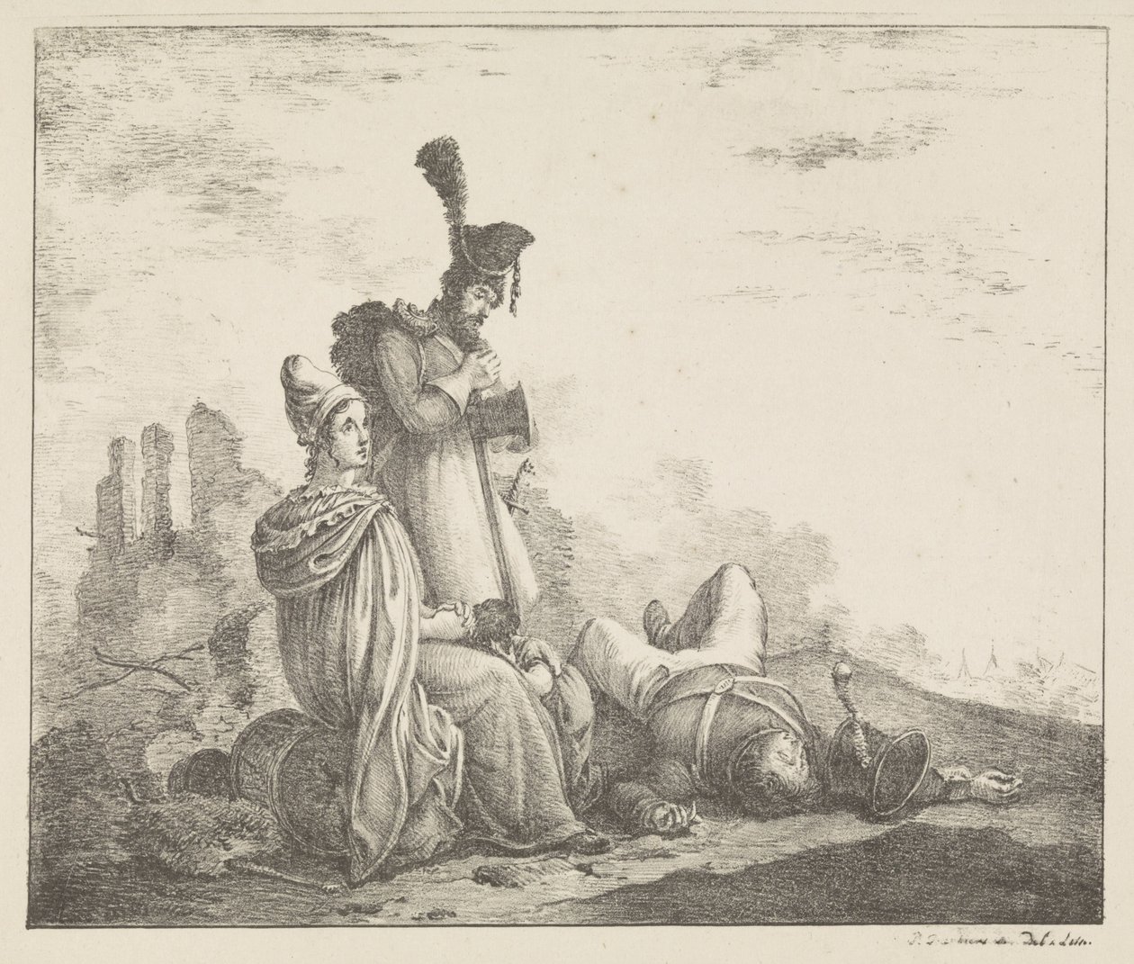 Trauernde Gesellschaft bei totem Soldaten von Pieter Bartholomeusz. Barbiers