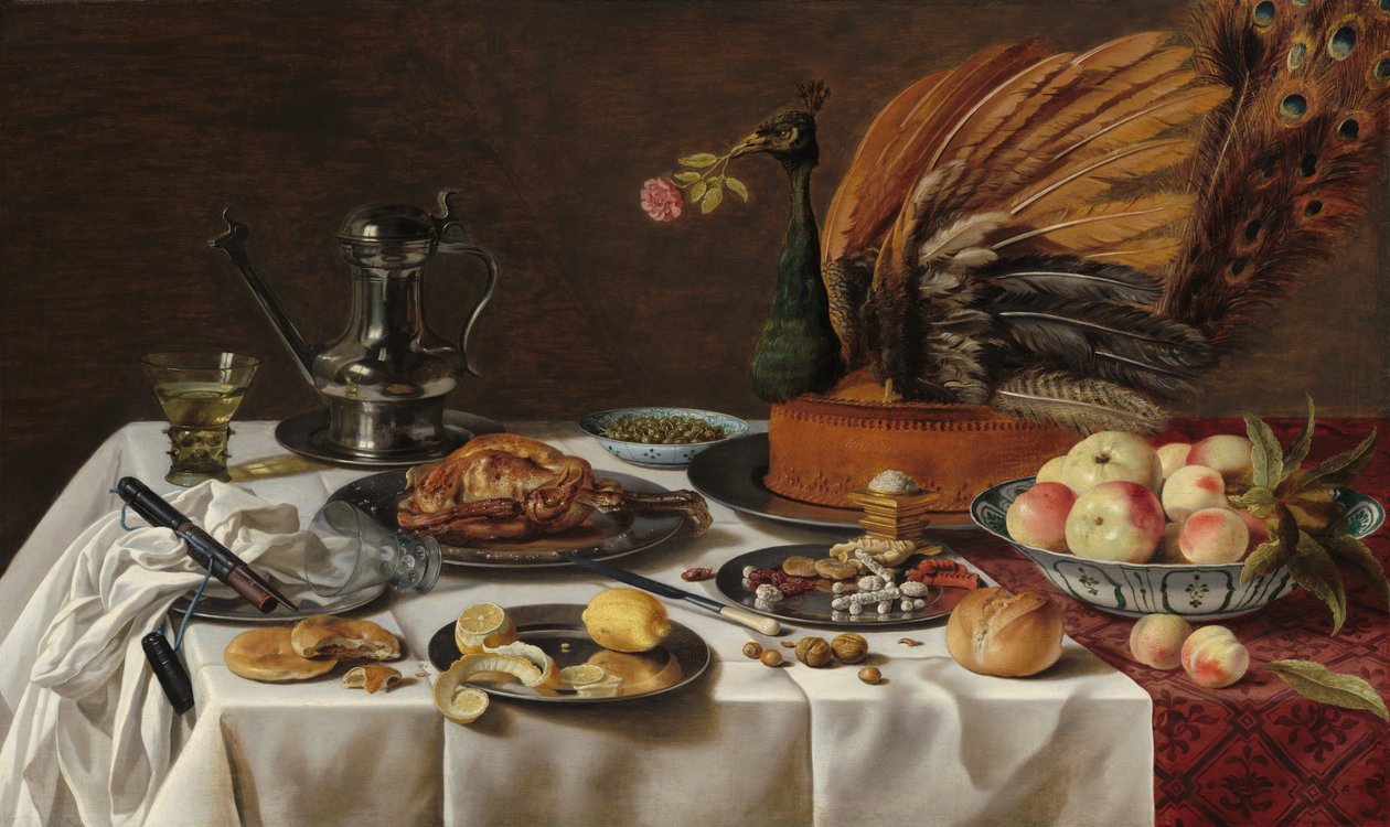 Stillleben mit einem Pfauenkuchen von Pieter Claesz