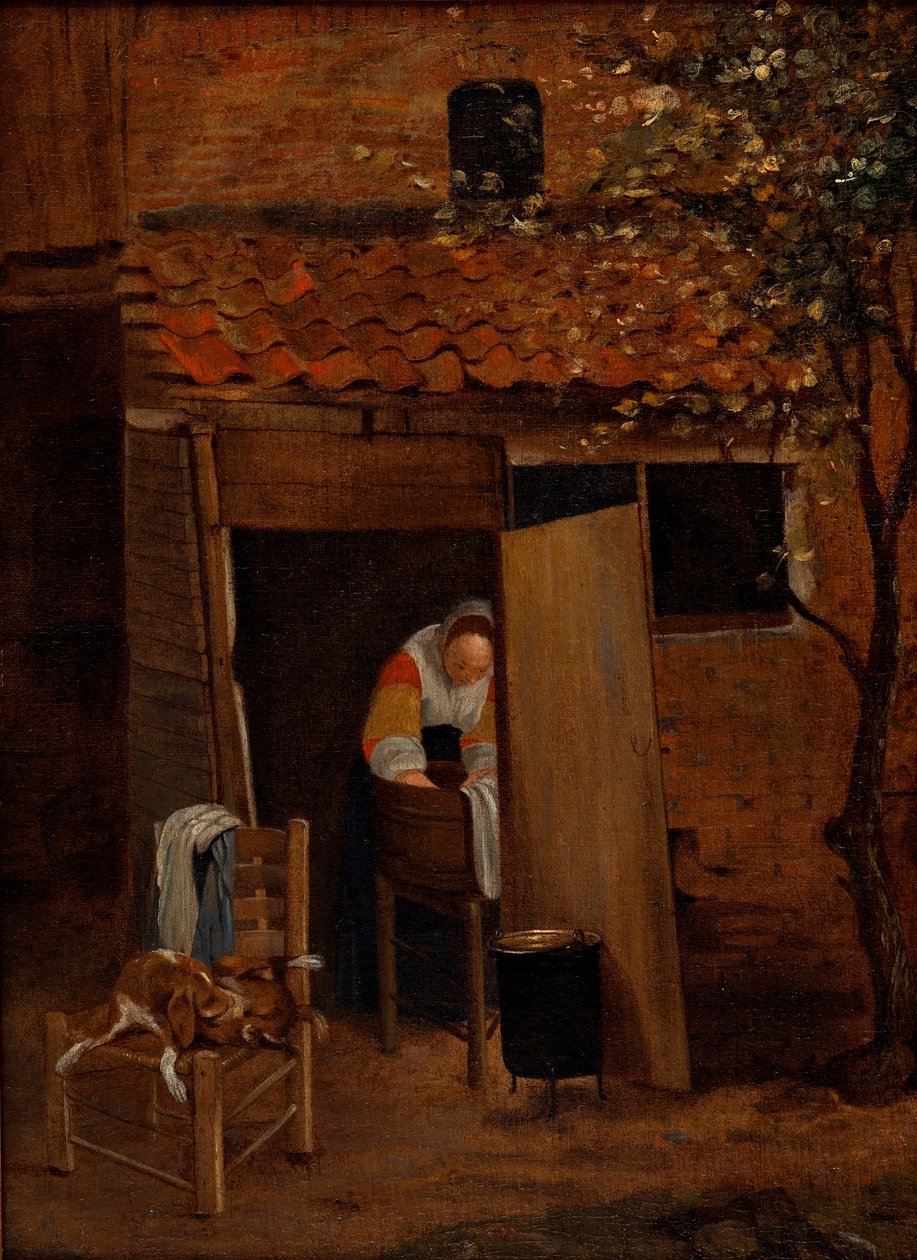 Mädchen wäscht Kleidung von Pieter Hooch de