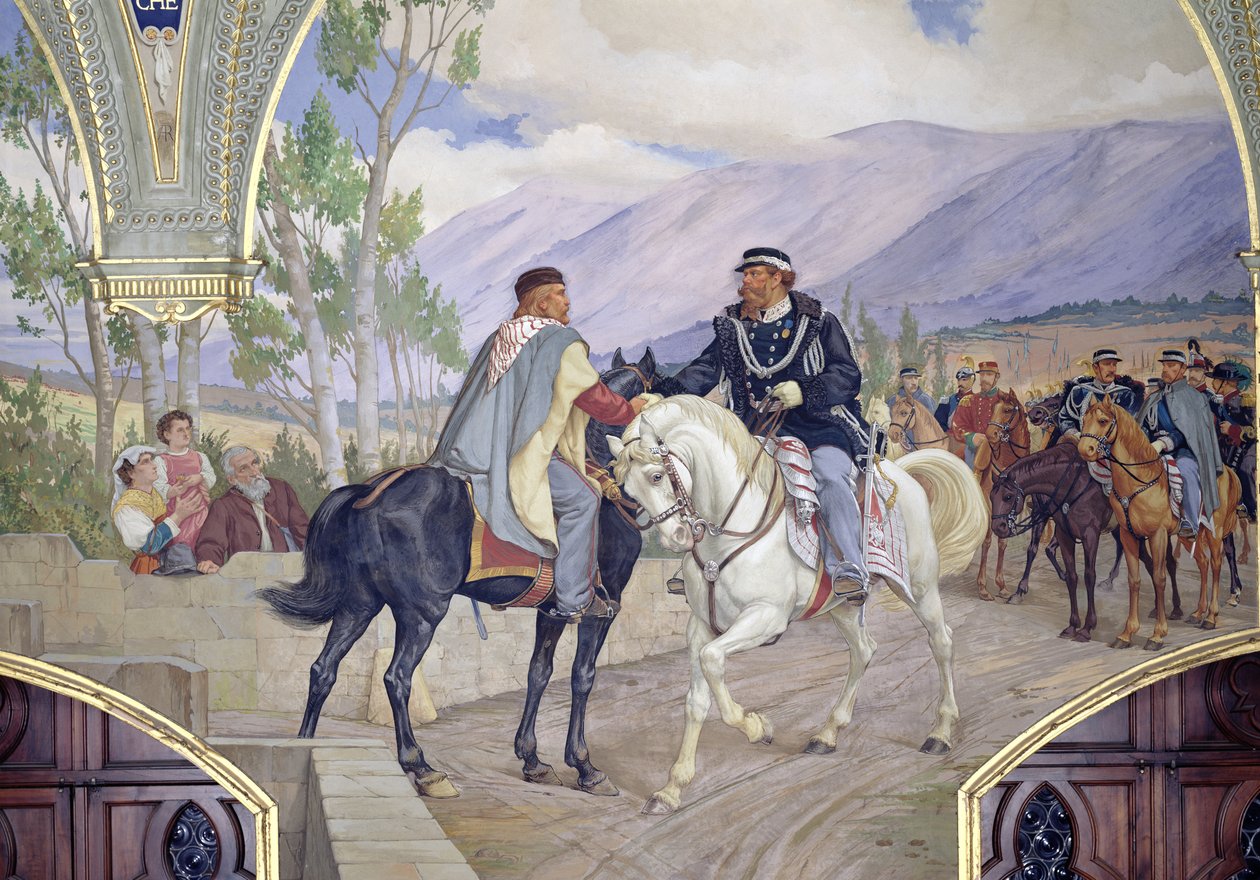 Das Treffen zwischen Giuseppe Garibaldi (1807-82) und König Vittorio Emanuele II (1820-78) am 26. Oktober 1860 in Teano, Italien, Detail des Händedrucks der beiden Führer, 1886 (Detail) von Pietro Aldi