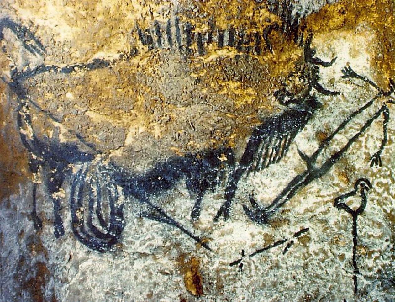 Ein verwundeter Bison greift einen Mann an, um 15.000-10.000 v. Chr. von Prehistoric