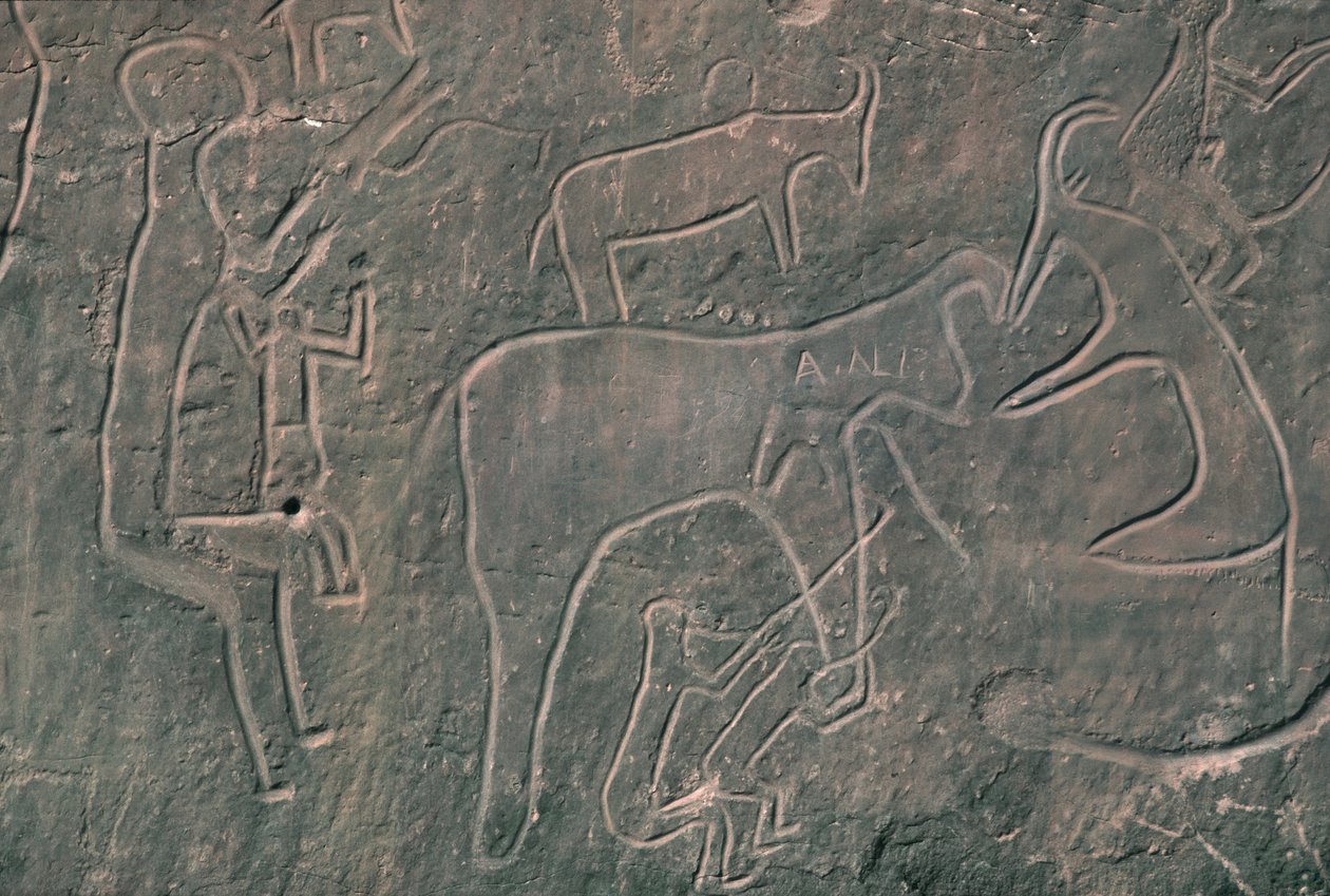 Menschliche Figuren und Tiere (Felsmalerei) von Prehistoric