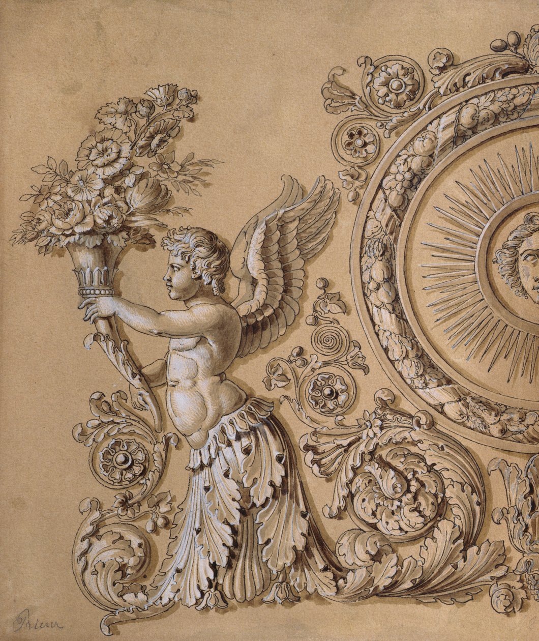 Silberarbeit-Design, das einen Cherub mit Akanthusblättern darstellt, ca. 1800 von Prieur