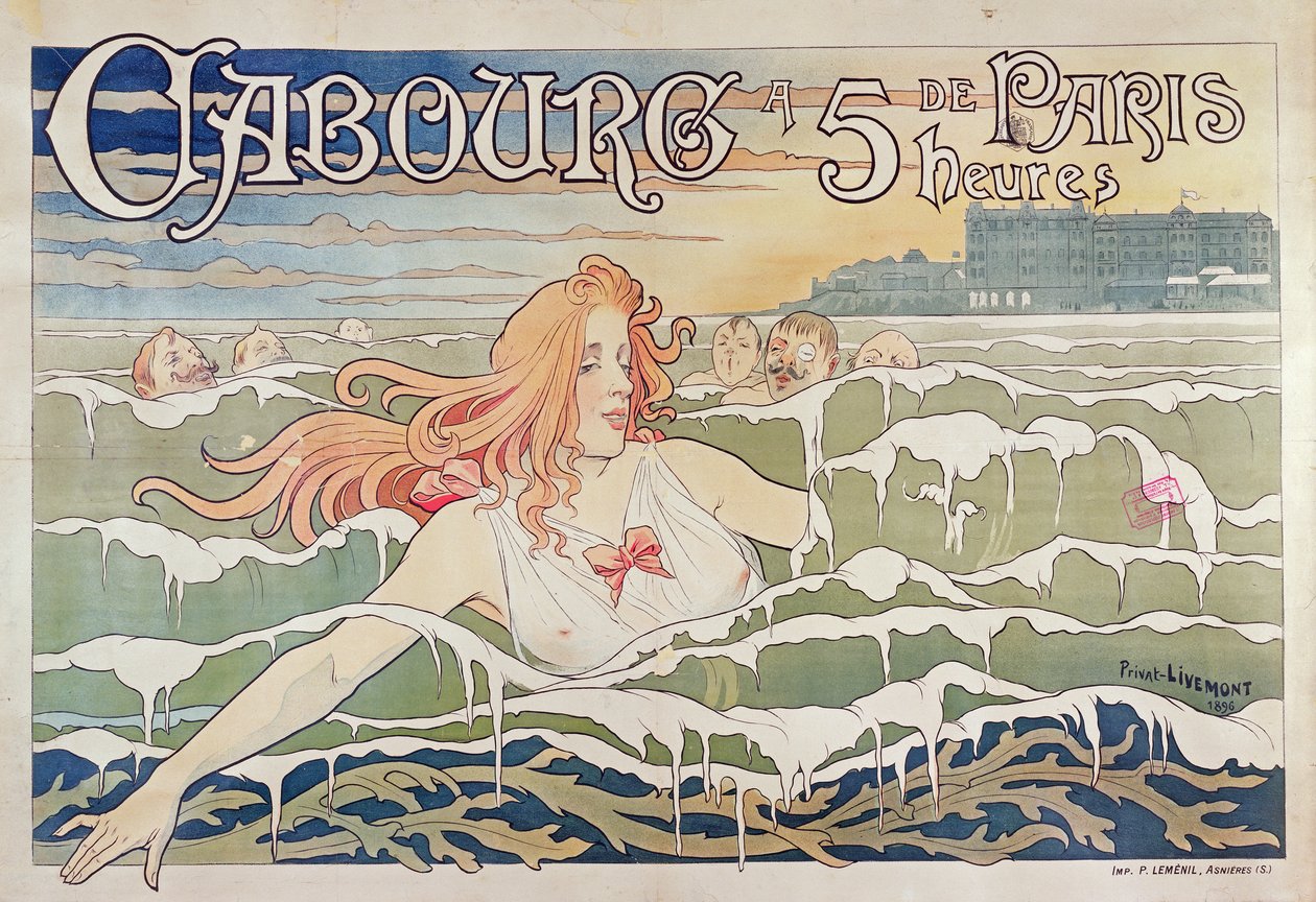 Plakat für die französischen Eisenbahnen, Werbung für die einfache Erreichbarkeit von Cabourg an der Normandieküste von Paris, 1896 von Privat Livemont