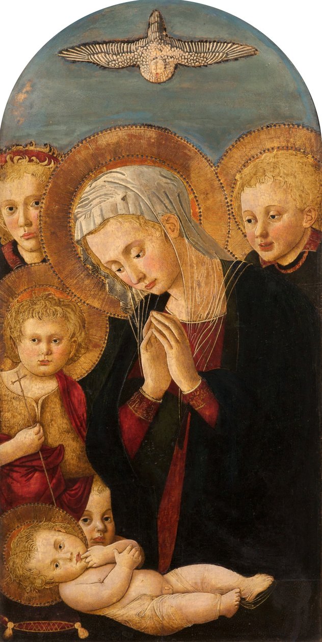 Madonna, die das Christkind anbetet, mit Johannes dem Täufer und Engeln, ca. 1480-1500 von Pier Francesco Fiorentino