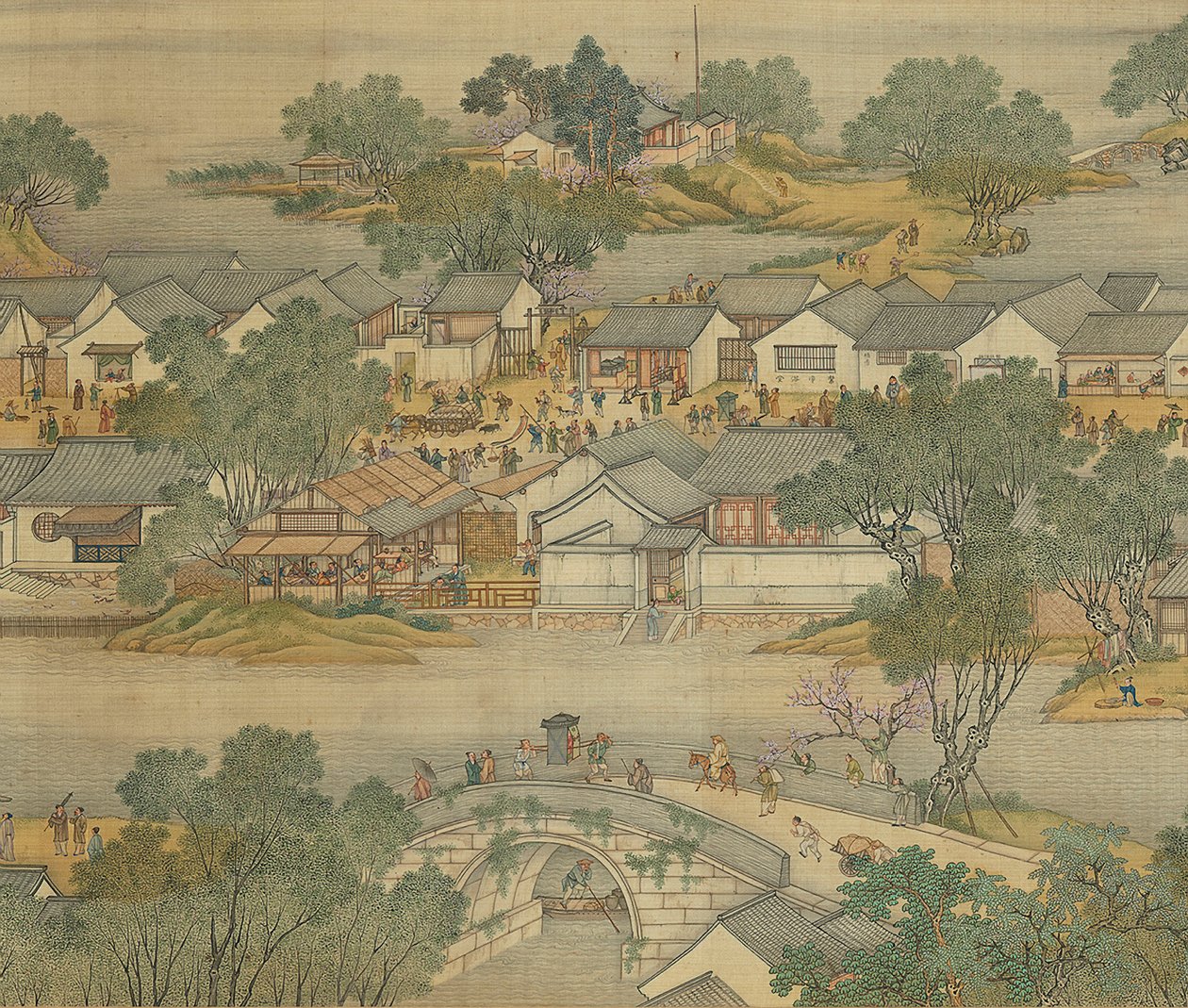 Am Fluss während des Qingming-Festes, Qing-Hof-Version, Handrolle, 1736 von Qing Dynasty Chinese School