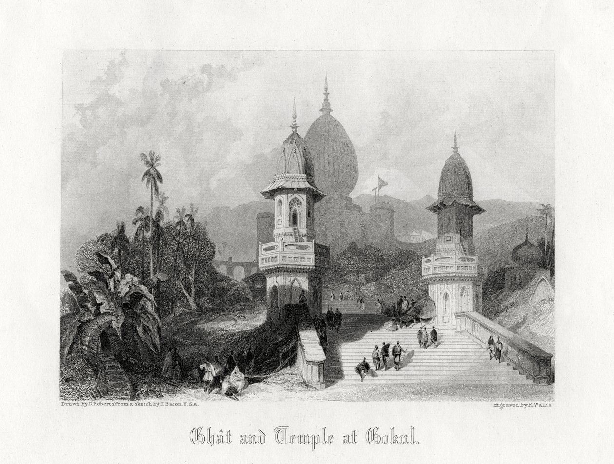 Ghat und Tempel in Gokul, Indien, um 1838 von R. Wallis